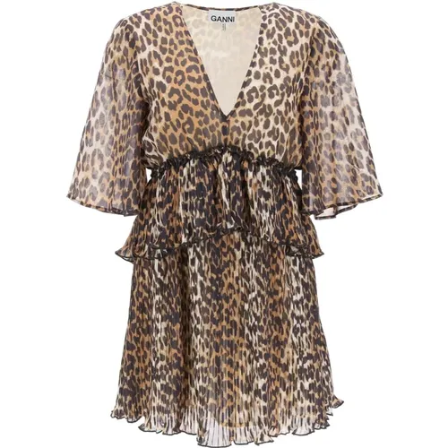 Short Dresses, female, , Size: XS Leopard Pleated Georgrtte V-neck Flounce Mini Dress - Ganni - Modalova