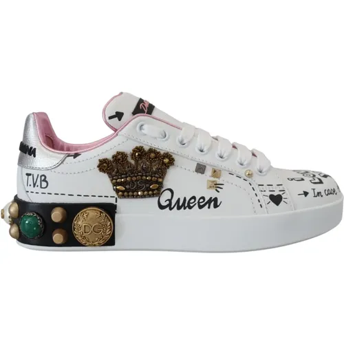 Sneakers, female, , Size: 4 US Queen Crown Leather Sneakers - Dolce & Gabbana - Modalova