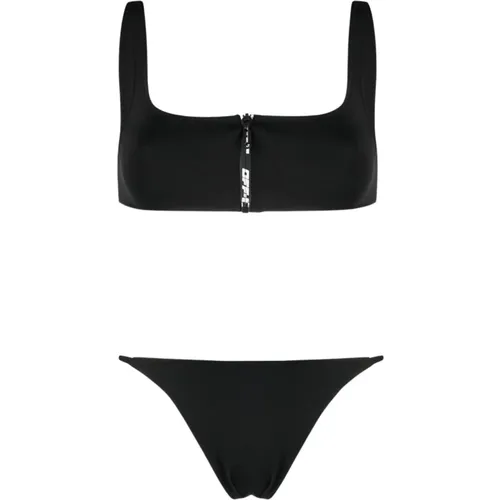 Schwarzes Logo Bikini Reißverschluss Unterwäsche - Off White - Modalova