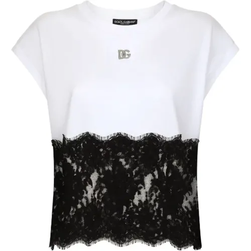Weißes T-Shirt mit Spitzenbesatz , Damen, Größe: S - Dolce & Gabbana - Modalova