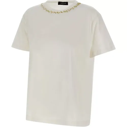 Weiße Perlenbesetzte Crew Neck T-shirt , Damen, Größe: XL - Fabiana Filippi - Modalova