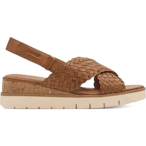 Wedges, female, , Size: 8 US Leather Wedge Sandals with Woven Design - tamaris - Modalova