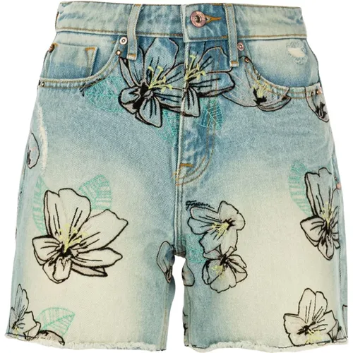 High-waisted denim shorts with floral embroidery , female, Sizes: 2XS - Fracomina - Modalova