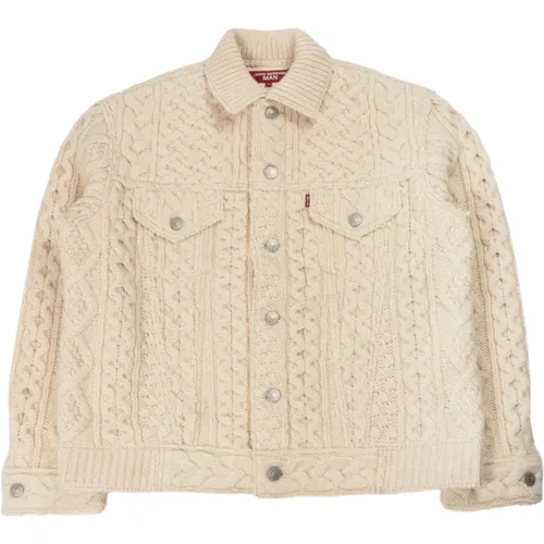 Cardigans, male, , Size: M Wool Jacket in Natural Aran Pattern - Junya Watanabe - Modalova