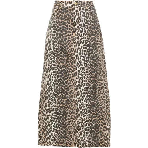 Denim Skirts, female, , Size: XS Leopard-Print Denim Midi Skirt - Ganni - Modalova