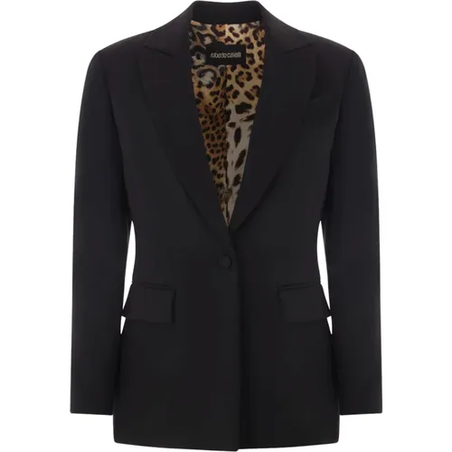 Blazers, female, , Size: S Single-Button Jacket with Leopard Print Lining - Roberto Cavalli - Modalova