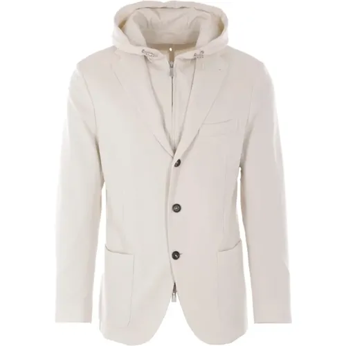 Blazers, male, , Size: S Sand Piquet Cotton Jacket with Removable Hood - Eleventy - Modalova