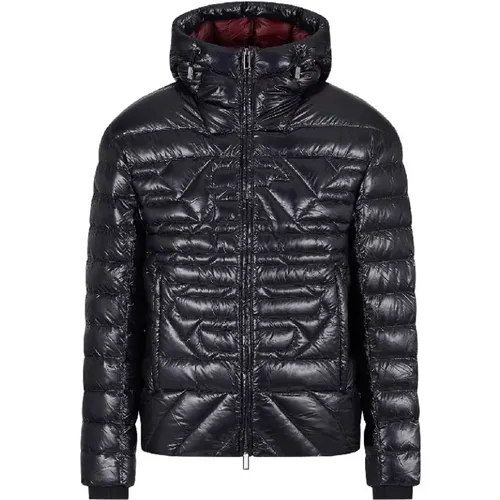 Down Jackets, male, , Size: 3XL Navy Blue Quilted Jacket with Hood and Eagle Logo - Emporio Armani - Modalova