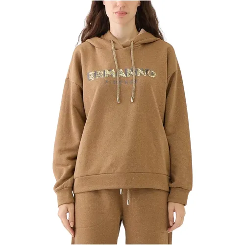 Hoodies, female, , Size: XS Sequin Logo Hoodie in Gianduia - Ermanno Scervino - Modalova