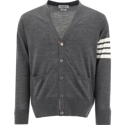 Cardigans, male, , Size: 2XL Grey Knitwear V-Neck Cardigan Aw25 - Thom Browne - Modalova