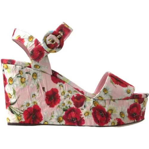 Wedges, female, , Size: 6 US Floral Wedge Sandals with Ankle Strap - Dolce & Gabbana - Modalova