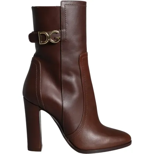 Braune Leder Mid Calf Stiefel - Dolce & Gabbana - Modalova