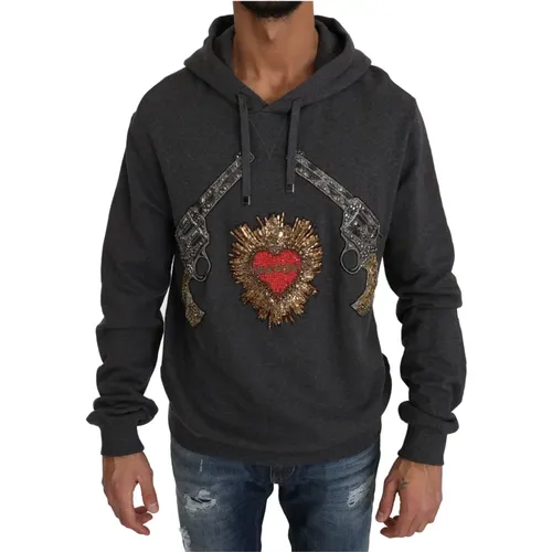 Hoodies, male, , Size: M Hooded Red Crystal Heart Gun Sweater - Dolce & Gabbana - Modalova