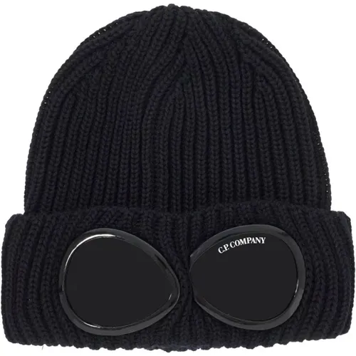 Beanies, male, , Size: ONE SIZE Ribbed Wool Beanie with Goggle Lenses - C.P. Company - Modalova