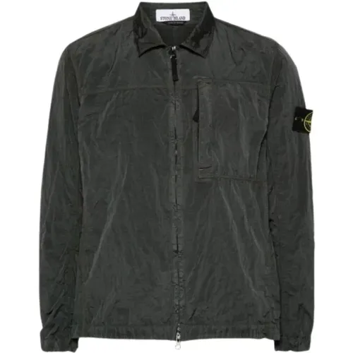 Graue Nylon-Overshirt mit Logo-Badge , Herren, Größe: M - Stone Island - Modalova