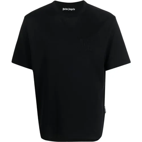 Schwarzes Monogramm T-Shirt mit Besticktem Logo , Herren, Größe: XL - Palm Angels - Modalova