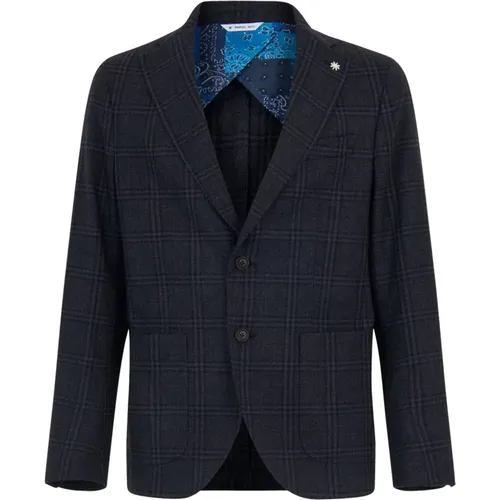 Blazers, male, , Size: 2XL Navy Check Wool Blazer - Manuel Ritz - Modalova