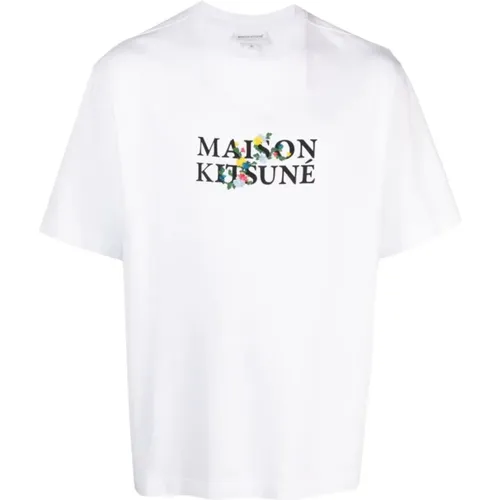 Floral Print Logo T-Shirt , male, Sizes: L, XL - Maison Kitsuné - Modalova