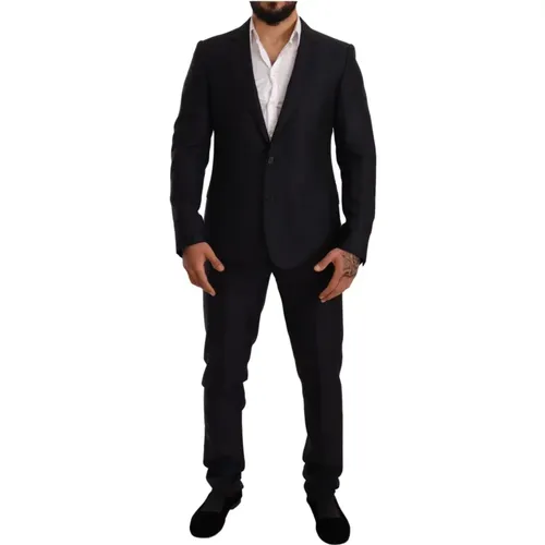 Single Breasted Suits, male, , Size: L Elegant Slim Fit Jacquard Suit in Blue - Dolce & Gabbana - Modalova