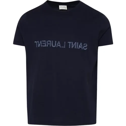 Blaues Baumwoll-Ripp-Rundhals-T-Shirt - Saint Laurent - Modalova