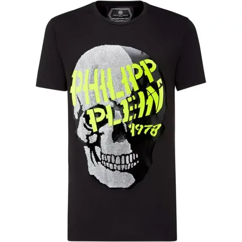 T-Shirts, male, , Size: S Skull and Plein T-Shirt with Colorful Brand Letters - Philipp Plein - Modalova