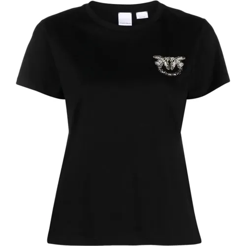 Schwarze T-Shirts und Polos mit Kristallverzierung , Damen, Größe: XS - pinko - Modalova