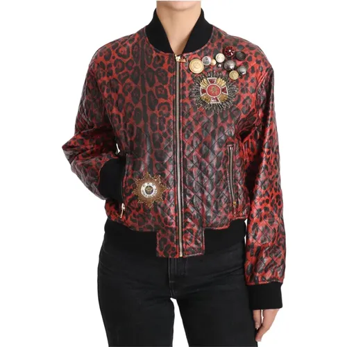 Rote Leoparden-Bomber-Lederjacke mit Kristallknöpfen - Dolce & Gabbana - Modalova