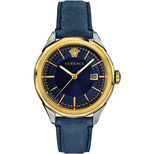 Blue Leather Gold Steel Watch Vera00218 , male, Sizes: ONE SIZE - Versace - Modalova