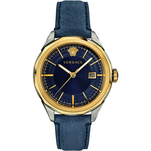 Watches, male, , Size: ONE SIZE Blue Leather Gold Steel Watch Vera00218 - Versace - Modalova