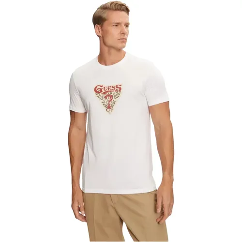 Weißes Baumwoll-T-Shirt - Kurzarm , Herren, Größe: L - Guess - Modalova