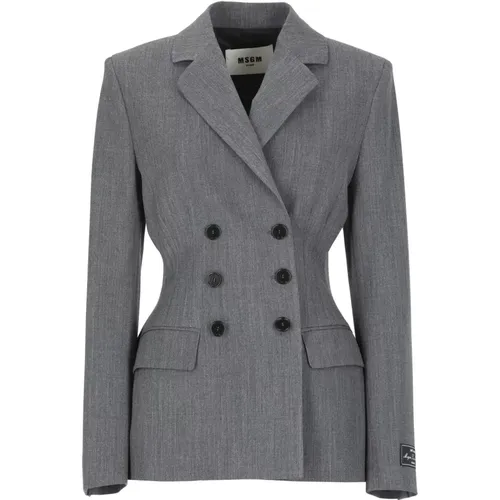 Blazers, female, , Size: S Grey Wool Blend Double-Breasted Blazer - Msgm - Modalova