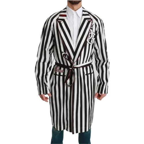 Robes, male, , Size: S Elegant Belted Robe Nightgown in Black & White - Dolce & Gabbana - Modalova