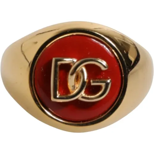 Rings, male, , Size: ONE SIZE Gold Tone Logo Ring with Red Enamel - Dolce & Gabbana - Modalova