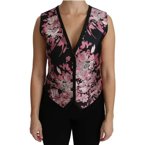 Vests, female, , Size: 2XS Black Pink Floral Waistcoat Vest Blouse Top - Dolce & Gabbana - Modalova