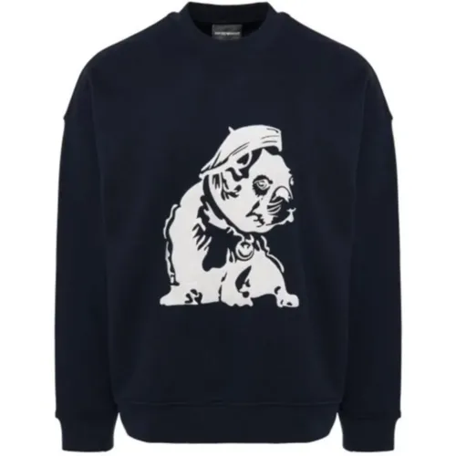 Blauer Französischer Bulldogge Bestickter Pullover , Herren, Größe: M - Emporio Armani - Modalova