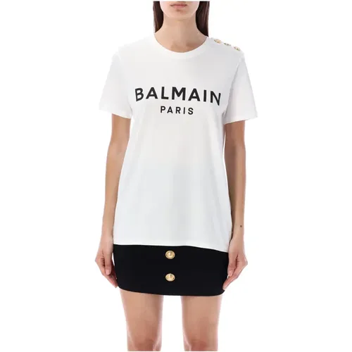 Paris Flocked T-Shirt Bianco Nero , Damen, Größe: M - Balmain - Modalova