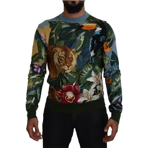 Jungle Embroidered Wool-Silk Sweater , male, Sizes: L - Dolce & Gabbana - Modalova