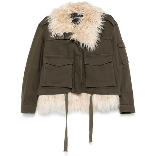 Olive Parka Jacket with Faux Fur Trim , female, Sizes: S, M - Dondup - Modalova