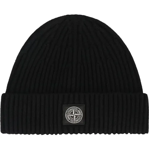 Beanies, male, , Size: ONE SIZE Ribbed Wool Beanie with Front Logo - Stone Island - Modalova