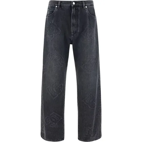 Wide Jeans, male, , Size: L Denim Pants with D&G Monogram - Dolce & Gabbana - Modalova