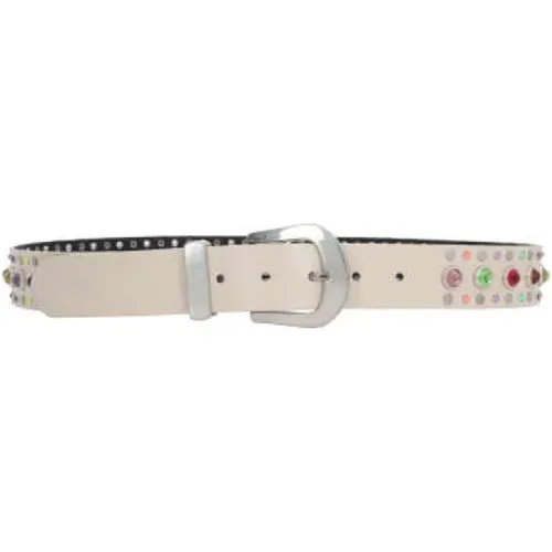 Los Angeles Weißes Ledergürtel mit Nieten und Multicolor-Kristallen , Damen, Größe: 80 CM - HTC - Modalova