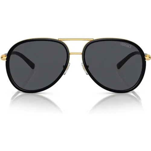 Gold Metal Pilot Sunglasses with Dark Grey Lens , female, Sizes: 60 MM - Versace - Modalova