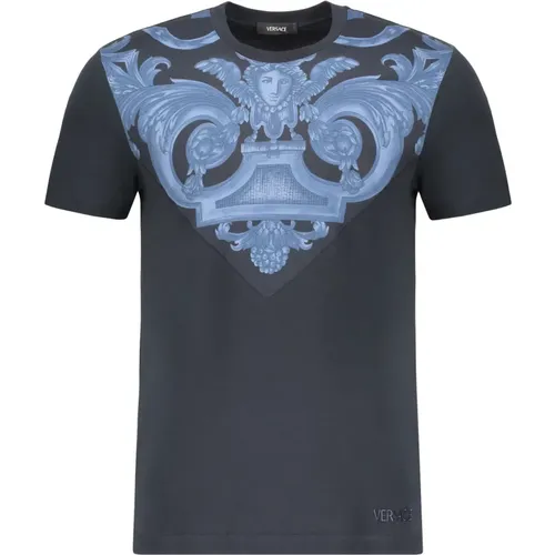 T-Shirts, male, , Size: 2XL Ribbed Cotton T-shirt with Front Print - Versace - Modalova