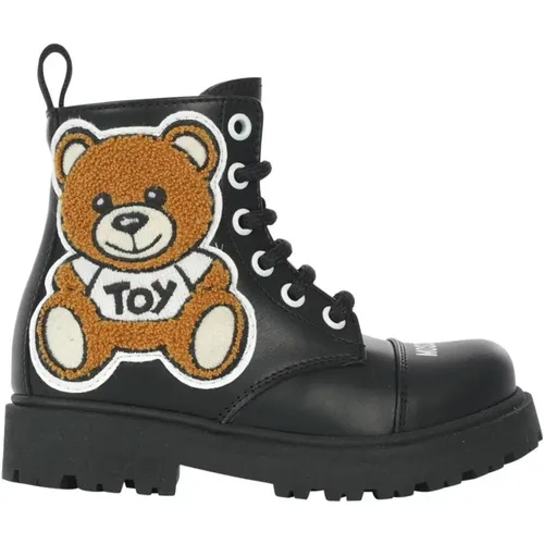 Schwarze Leder Teddy Bear Stiefeletten - Moschino - Modalova