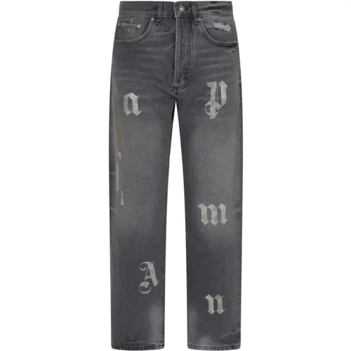 Straight Jeans, male, , Size: W33 Jeans with BW Logo Patch - Palm Angels - Modalova