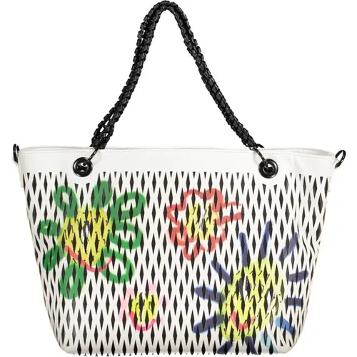 Tote Bags, female, , Size: ONE SIZE White Handbag with Chain Handles and Contrasting Details - Desigual - Modalova