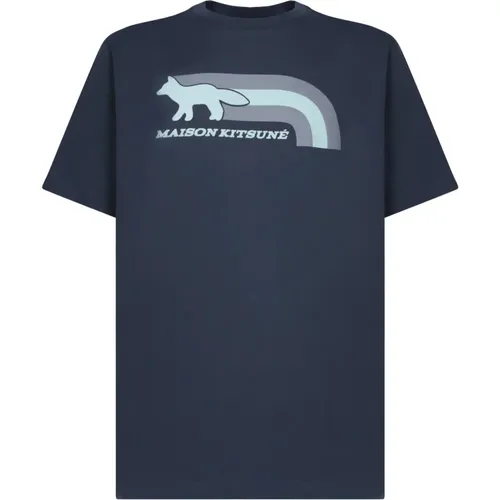 Blauer Baumwoll-T-Shirt mit Frontdruck , Herren, Größe: L - Maison Kitsuné - Modalova