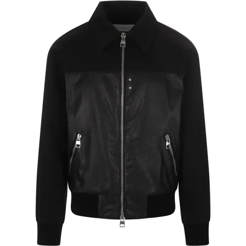 Bomber Jackets, male, , Size: L Leather and Fabric Bomber Jacket - alexander mcqueen - Modalova