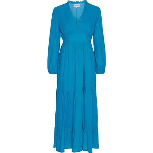 Himmelblaues Langes Baumwollkleid mit V-Ausschnitt und Rüschen , Damen, Größe: L - American Dreams - Modalova