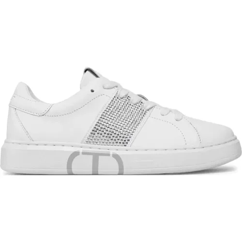 Weiße Leder Low Top Sneakers mit Strass-Detail , Damen, Größe: 40 EU - Twinset - Modalova